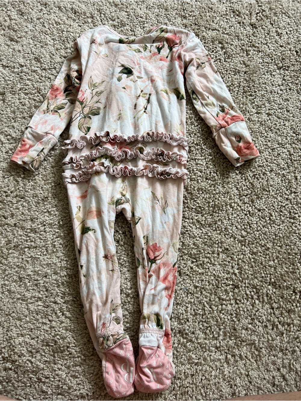 Posh Peanut Floral Pink Kids One Piece Ruffle 3-6M Footie - Picture 2 of 2